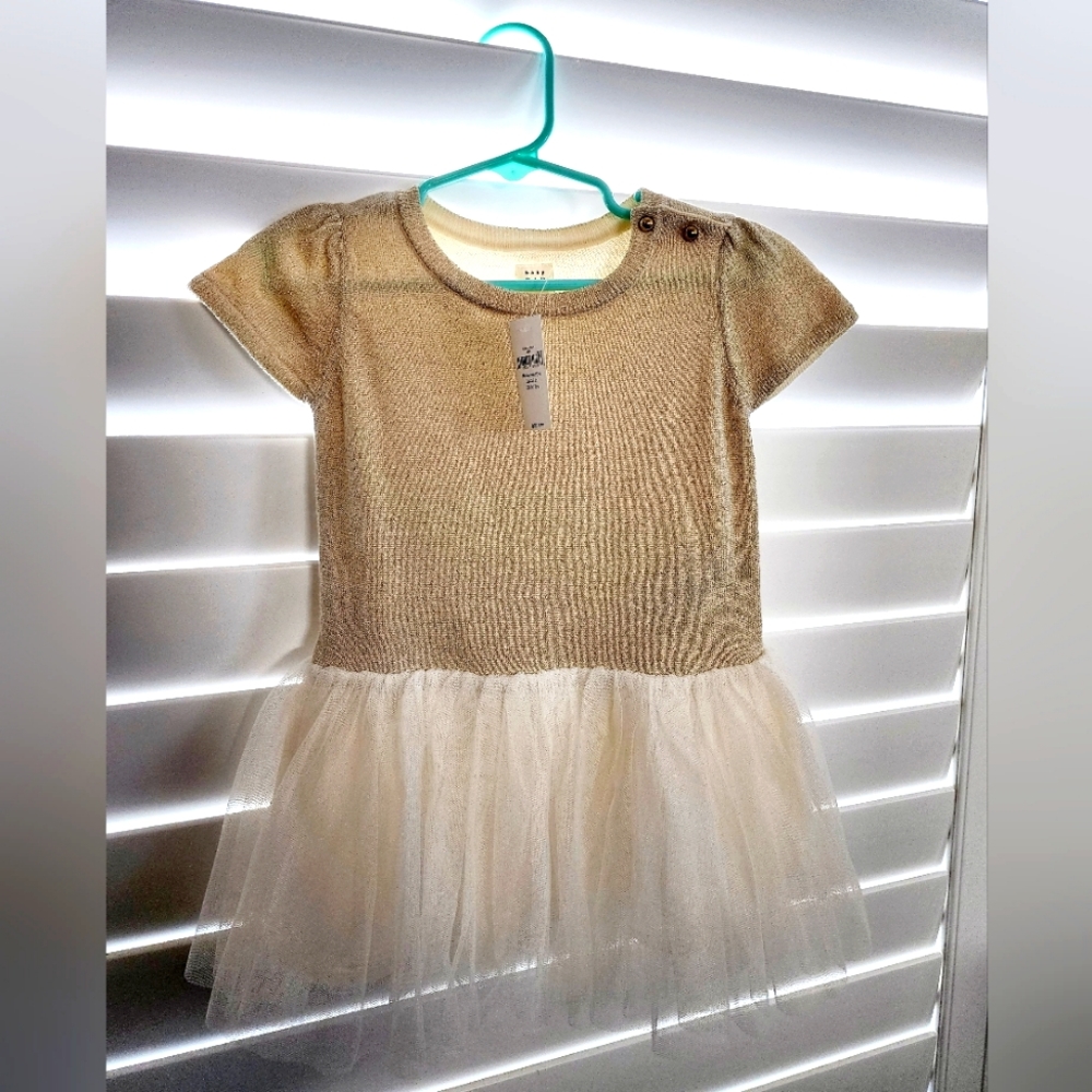 Toddler gold knit tutu dress with matching cardigan.
